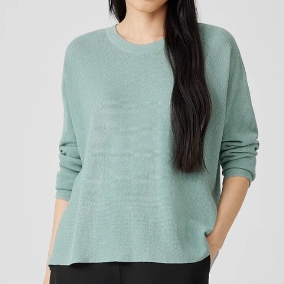 Eileen Fisher 100% Linen Aqua Blue Knit Crew Neck Woven Knit Sweater M - Picture 1 of 7